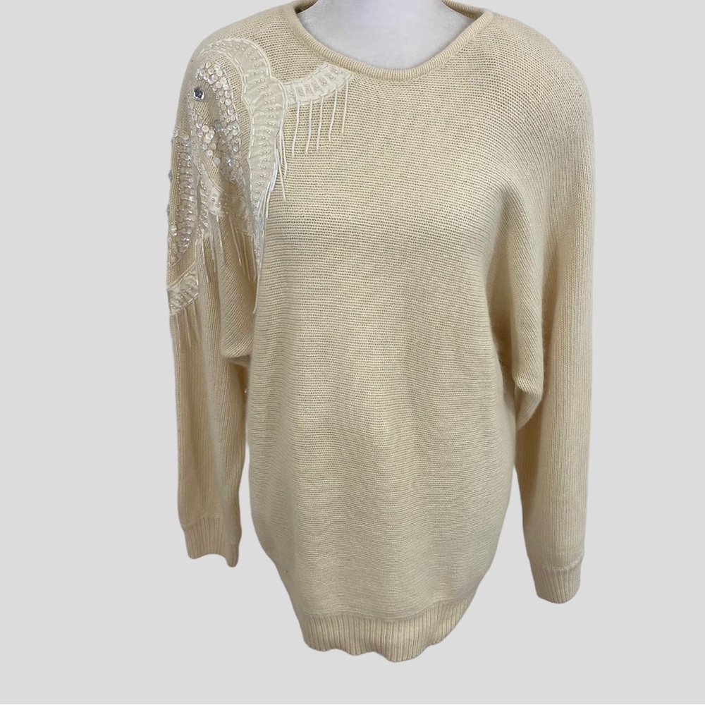 Vintage 90s Ivory Beaded Fringe Pullover Soft Cozy Sweater